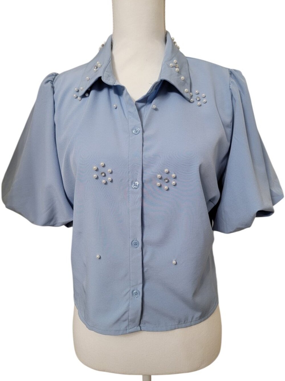 Milk + Honey Size M Light Blue Puff Sleeve Pearl & Rhinestone Blouse, NEW w/Tag